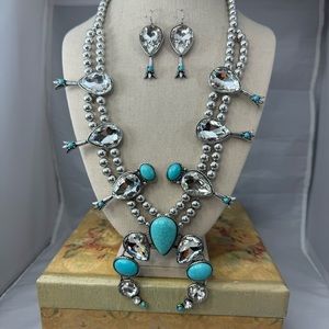 New Howlite and clear glass Squash blossom Set. Costume Statement Piece